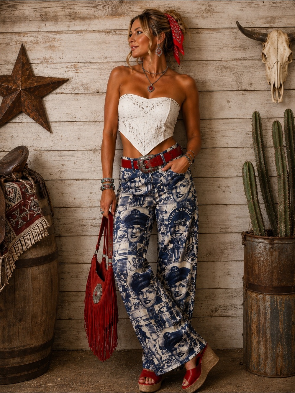 Miss America Pageant Print Pants Vintage Style Western Boho Statement Jeans Sz 8